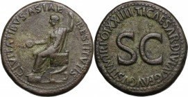 Tiberius (14-37 AD). AE Sestertius, Rome mint, 21-22 AD. D/ CIVITATIBVS ASIAE RESTITVTIS. Tiberius, laureate, seated left, foot on stool, holding pate...