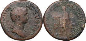 Antonia, daughter of Mark Anthony and Octavia (died 45 AD). AE Dupondius, 41-42 AD. D/ ANTONIA AVGVSTA. Draped bust right. R/ TI CLAVDIVS CAESAR AVG P...