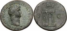 Nero (54-68). AE Sestertius, Rome mint. D/ NERO CLAVDIVS CAESAR AVG GER PM TR P IMP PP. Laureate head right, wearing aegis. R/ S-C. Triumphal arch, su...