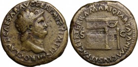 Nero (54-68). AE Sestertius, Lugdunum mint. D/ NERO CLAVD CAESAR AVG GER PM TR P IMP PP. Laureate head right, globe at point of busts. R/ PACE P R TER...