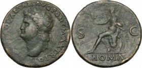 Nero (54-68). AE Sestertius, Lugdunum mint. D/ [IMP NER]O CAESAR AVG PONT MAX TR POT [PP]. Laureate head left. R/ Roma seated left on cuirass, holding...