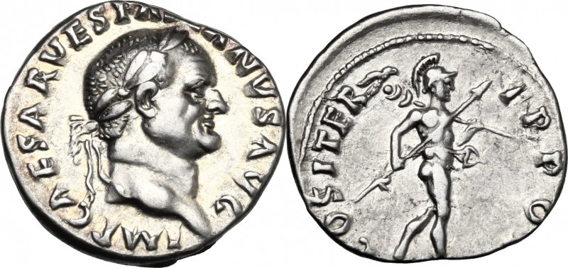 Vespasian (69-79). AR Denarius, 70 AD. D/ IMP CAESAR VESPASIANVS AVG. Laureate h...