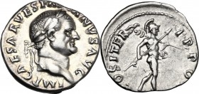 Vespasian (69-79). AR Denarius, 70 AD. D/ IMP CAESAR VESPASIANVS AVG. Laureate head right. R/ COS ITER TR POT. Mars advancing right, holding spear and...