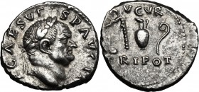 Vespasian (69-79). AR Denarius, Rome mint, 70-72 AD. D/ IMP CAES VESP AVG PM. Laureate head right. R/ AVGVR/TRI POT. Simpulum, aspergillum; jug and li...