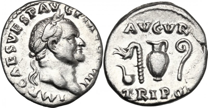 Vespasian (69-79). AR Denarius, 72-73 AD. D/ IMP CAES VESP AVG PM COS IIII. Laur...