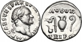 Vespasian (69-79). AR Denarius, 72-73 AD. D/ IMP CAES VESP AVG PM COS IIII. Laureate head right. R/ AVGVR/TRI POT. Simpulum, aspergillum, jug and litu...