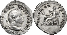 Vespasian (69-79). AR Denarius, 75 AD. D/ IMP CAESAR VESPASIANVS AVG. Laureate head right. R/ PON MAX TR P COS VI. Pax seated left, holding branch. RI...