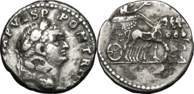Titus as Caesar (69-79). Fourrée(?) Denarius, Antioch mint, 72 AD. D/ [T CAES I]MP VESP PON TR P[OT]. Laureate head right. R/ Titus in quadriga right,...