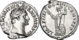 Domitian (81-96). AR Denarius, 88 AD. D/ IMP CAES DOMIT AVG GERM PM TR P VII. Laureate head right. R/ IMP XIIII COS XIIII CENS PPP. Minerva standing l...