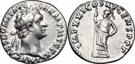 Domitian (81-96). AR Denarius, 90-91 AD. D/ IMP CAES DOMIT AVG GERM PM TR P X. Laureate head right. R/ IMP XXI COS XV CENS PPP. Minerva standing left,...