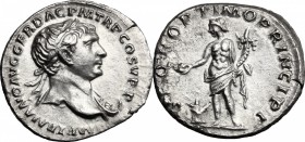 Trajan (98-117). AR Denarius, 103-104 AD. D/ IMP TRAIANO AVG GER DAC PM TR P COS V PP. Laureate bust right, with slight drapery on far shoulder and ae...