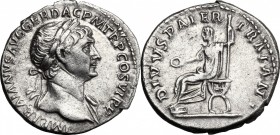 Trajan (98-117). AR Denarius, 112-114 AD. D/ IMP TRAIANVS AVG GER DAC PM TR P COS VI PP. Laureate bust right, with slight drapery on left shoulder. R/...