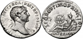 Trajan (98-117). AR Denarius, 112-113 AD. D/ IMP TRAIANO AVG GER DAC P M TR P COS VI P P. Laureate bust right, slight drapery. R/ S P Q R OPTIMO PRINC...