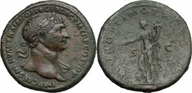 Trajan (98-117). AE Sestertius. D/ IMP CAES NERVAE TRAIANO AVG GER DAC PM TR P COS V PP. Laureate bust right, with drapery on far shoulder. R/ SPQR OP...