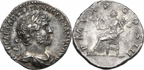 Hadrian (117-138). AR Denarius, 119-122 AD. D/ IMP CAESAR TRAIAN HADRIANVS AVG. Laureate and draped bust right. R/ PM TR P COS III. Pax seated left, h...