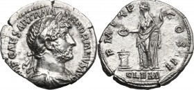 Hadrian (117-138). AR Denarius, 119-122 AD. D/ IMP CAESAR TRAIAN HADRIANVS AVG. Laureate, draped and cuirassed bust right. R/ CLEM (in ex.) PM TR P CO...