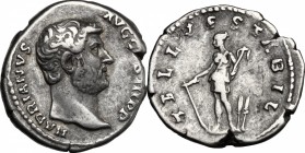 Hadrian (117-138). AR Denarius, 134-138 AD. D/ HADRIANVS AVG COS III PP. Bare head right. R/ TELLVS STABIL. Tellus standing left, holding plough and r...