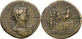Hadrian (117-138). AE Sestertius, 118 AD. D/ IMP CAESAR TRAIANVS HADRIANVS AVG. Laureate bust right, with drapery on far shoulder. R/ LIBERALITAS AVG ...