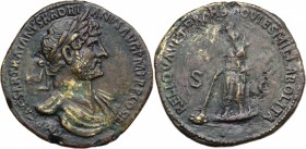 Hadrian (117-138). AE Sestertius, 119-121 AD. D/ IMP CAESAR TRAIANVS HADRIANVS AVG PM TR P COS III. Laureate and draped bust right. R/ RELIQVA VETERA ...