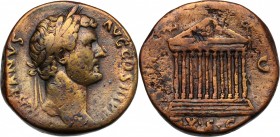 Hadrian (117-138). AE Sestertius, 134-138 AD. D/ HADRIANVS AVG COS III P P. Laureate head right. R/ [S P Q R] EX SC (in exergue) SC. Decastyle temple ...