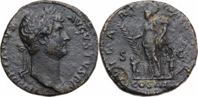 Hadrian (117-138). AE Sestertius, Rome mint. D/ HADRIANVS AVGVSTVS PP. Laureate head right. R/ HILARITAS P.R. COS III SC. Hilaritas standing left, hol...
