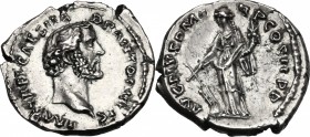 Antoninus Pius (138-161). AR Denarius, 139 AD. D/ IMP T AEL CAES HADR ANTONINVS. Bare head right. R/ AVG PIVS P M TR P COS II P P. Fortuna standing le...