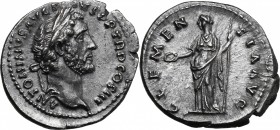 Antoninus Pius (138-161). AR Denarius, 140-143 AD. D/ ANTONINVS AVG PIVS PP TR P COS III. Laureate head right. R/ CLEMENTIA AVG. Clementia standing fa...