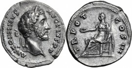 Antoninus Pius (138-161). AR Denarius, 140-143 AD. D/ ANTONINVS AVG PIVS PP. Laureate head right. R/ TR POT COS III. Clementia seated left, holding pa...