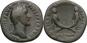 Antoninus Pius (138-161). AE Sestertius, 149 AD. D/ ANTONINVS AVG PIVS P P TR P XII. Laureate head right. R/ TEMPORVM FELICITAS COS IIII SC. Crossed c...