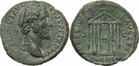Antoninus Pius (138-161). AE As, 158-159 AD. D/ ANTONINVS AVG PIVS PP TR P XXI. Laureate head right. R/ AEDE DIVI AVG REST COS IIII SC. Cult images of...