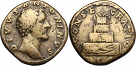 Divus Antoninus Pius (died 161 AD). AE Sestertius, struck under Marcus Aurelius. D/ DIVVS ANTONINVS. Bare head right. R/ CONSECRATIO SC. Pyre of four ...