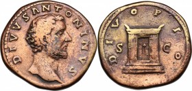 Divus Antoninus Pius (died 161 AD). AE Sestertius, struck under Marcus Aurelius. D/ DIVVS ANTONINVS. Bare head right. R/ DIVO PIO SC. Square altar. RI...