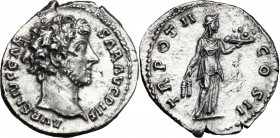 Marcus Aurelius as Caesar (139-161). AR Denarius, 146-147 AD. D/ AVRELIVS CAESAR AVG PII F. Bare head right. R/ TR POT II COS II. Fides standing right...