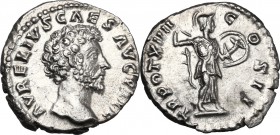 Marcus Aurelius as Caesar (139-161). AR Denarius, Rome mint, 159-160 AD. D/ AVRELIVS CAES AVG PII F. Bare head right. R/ TR POT XIIII COS II. Minerva ...