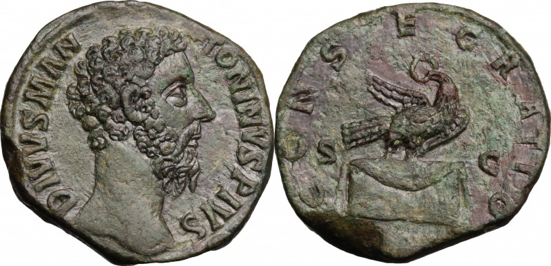 Divus Marcus Aurelius (died 180 AD). AE Sestertius, Consecration issue. D/ DIVVS...