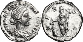 Lucilla, wife of Lucius Verus (died 183 AD). AR Denarius, Rome mint, 161-162 AD. D/ LVCILLAE AVG ANTONINI AVG F. Draped bust right. R/ VESTA. Vesta st...