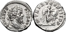 Septimius Severus (193-211). AR Denarius, 207 AD. D/ SEVERVS PIVS AVG. Laureate head right. R/ P M TR P XVCOS III P P. Victory standing right, with fo...