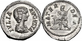 Julia Domna, wife of Septimius Severus (died 217 AD). AR Denarius, Rome mint. D/ IVLIA AVGVSTA. Draped bust right. R/ MATER DEVM. Cybele, towered, sea...
