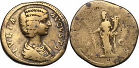 Julia Domna (died 217 AD). AE Sestertius, 196-211 AD. D/ IVLIA AVGVSTA. Draped bust right. R/ [HILARITA]S [S]C.Hilaritas standing left, holding long p...
