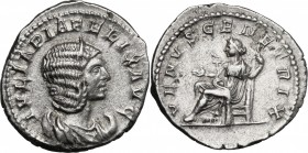 Julia Domna (died 217 AD). AR Antoninianus, struck under Caracalla, 215-217 AD. D/ IVLIA PIA FELIX AVG. Diademed and draped bust right, set on crescen...