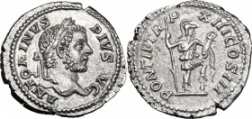 Caracalla (198-217). AR Denarius, 210 AD. D/ ANTONINVS PIVS AVG. Laureate head right. R/ PONTIF TRP XIII COS III. Virtus helmeted, standing right, foo...