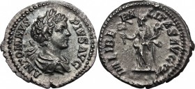 Caracalla (198-217). AR Denarius, 204 AD. D/ ANTONINVS PIVS AVG. Laurete and draped bust right. R/ IIII LIBERALITAS AVGG. Liberalitas standing left, h...