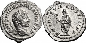 Caracalla (198-217). AR Denarius, 214 AD. D/ ANTONINVS PIVS AVG GERM. Laureate head right. R/ PM TR P XVII COS IIII PP. Genius of the Senate standing ...