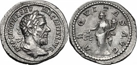 Macrinus (217-218). AR Denarius, 3rd emission, AD 218. D/ IMP C M OPEL SEV MACRINVS AVG. Laureate, draped and cuirassed bust right, wearing long beard...