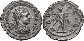 Elagabalus (218-222). AR Antoninianus, 219 AD. D/ IMP CAES M AVR ANTONINVS AVG. Radiate, draped and cuirassed bust right. R/ MARS VICTOR. Mars advanci...