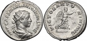 Elagabalus (218-222). AR Antoninianus. D/ IMP CAES M AVR ANTONINIANVS AVG. Radiate, draped and cuirassed bust right. R/ VICTOR ANTONINI AVG. Victory a...