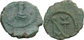 Anastasius I (491-518). AE Nummus, Nicomedia mint (?). Pre-reform AE coinage, 491-498 AD. D/ Apparently anepigraphic. Tiny bust right. R/ Monogram of ...