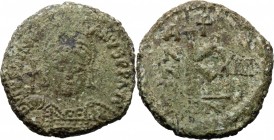 Justinian I (527-565). AE Half Follis, Sicilian (?) mint. Dated RY 14 (540-1 AD). D/ DN IVSTINIANVS PF AVG. Helmeted and cuirassed bust facing, holdin...