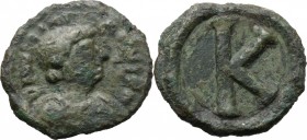 Justinian I (527-565). AE Half Follis, Salona (?) mint. D/ DN IVSTINIANVS [ ]. Diademed, draped and cuirassed bust right. R/ Large K. D.O. 360; Sear 3...