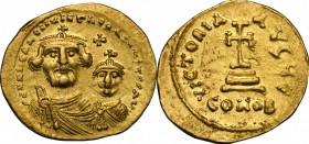 Heraclius (610-641). AV (light?) Solidus, Constantinople mint. D/ Diademed and draped busts facing of Heraclius and Heraclius Constantine; in upper fi...